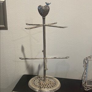 Silver Jewelry Stand with Heart and Bird Design